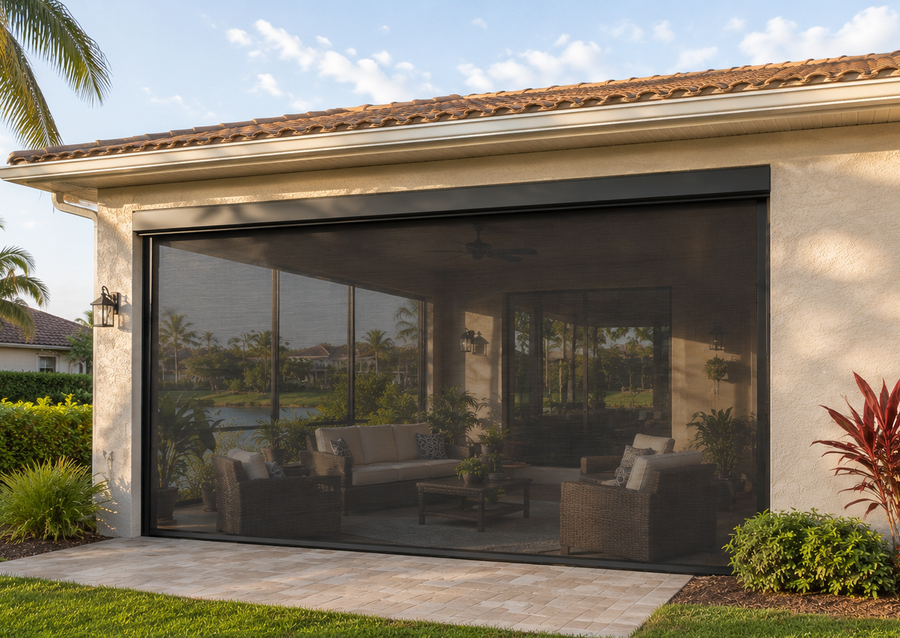 Motorized lanai screen installed on a Central Florida home