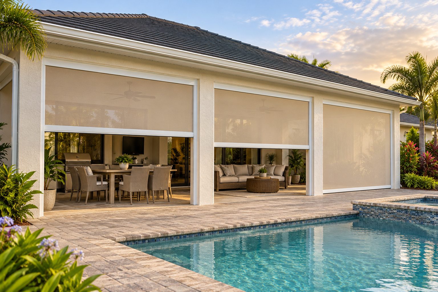 Illustration of lanai screens on a different home, viewed from the pool